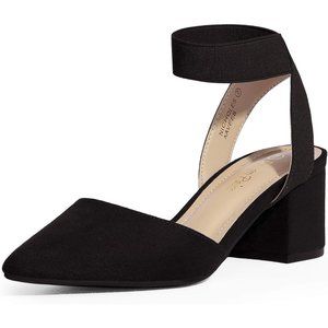 Pointed Toe Low Chunky Heels Pump Black Suede-n Adjustable Buckle Shoes